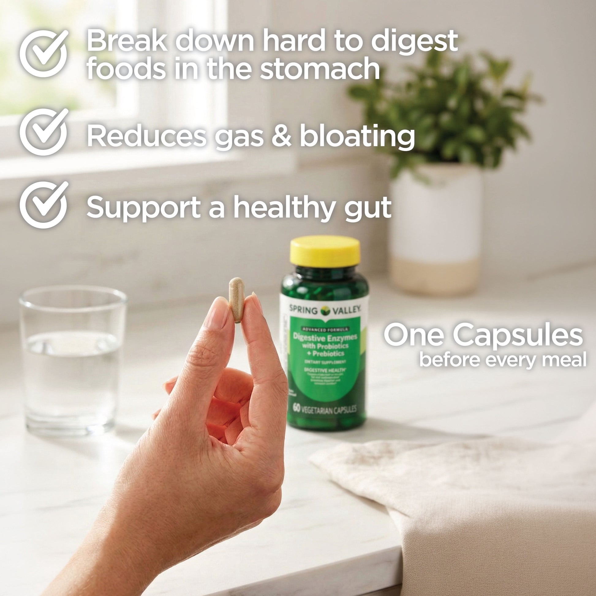 Advanced Formula Digestive Enzymes, with Probiotics + Prebiotics, Vegetarian Capsules for Digestive Health, 60 Count