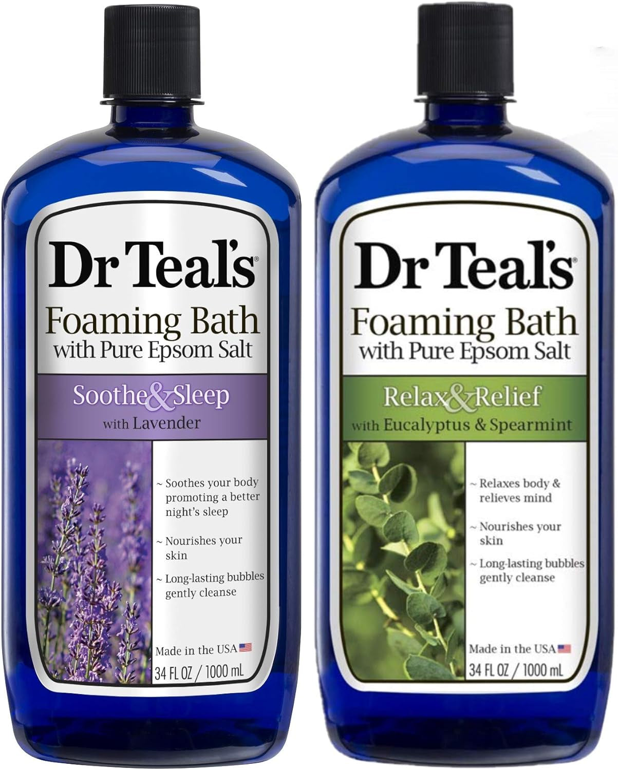 Foaming Bath Variety Gift Set (2 Pack, 34Oz Ea.) - Soothe & Sleep Lavender & Relax & Relief Eucalyptus & Spearmint - Pure Epsom Salt & Essential Oils Alleviate Stress & Clear the Mind