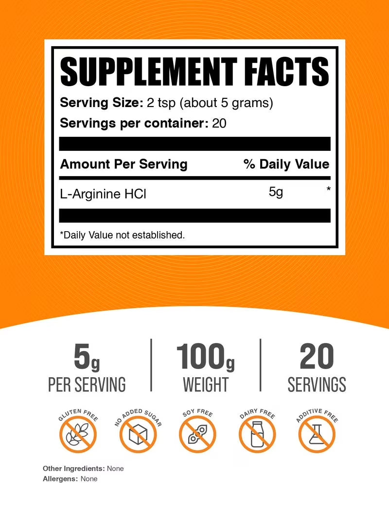 Bulksupplements L-Arginine Hcl Powder - Arginine Supplement, Amino Acid Supplement - Unflavored, 100G (3.5 Oz)
