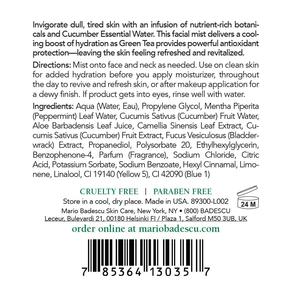 Mario Badescu Facial Spray Skin Care Toner with Aloe, Cucumber, and Green Tea, 2 Fl Oz