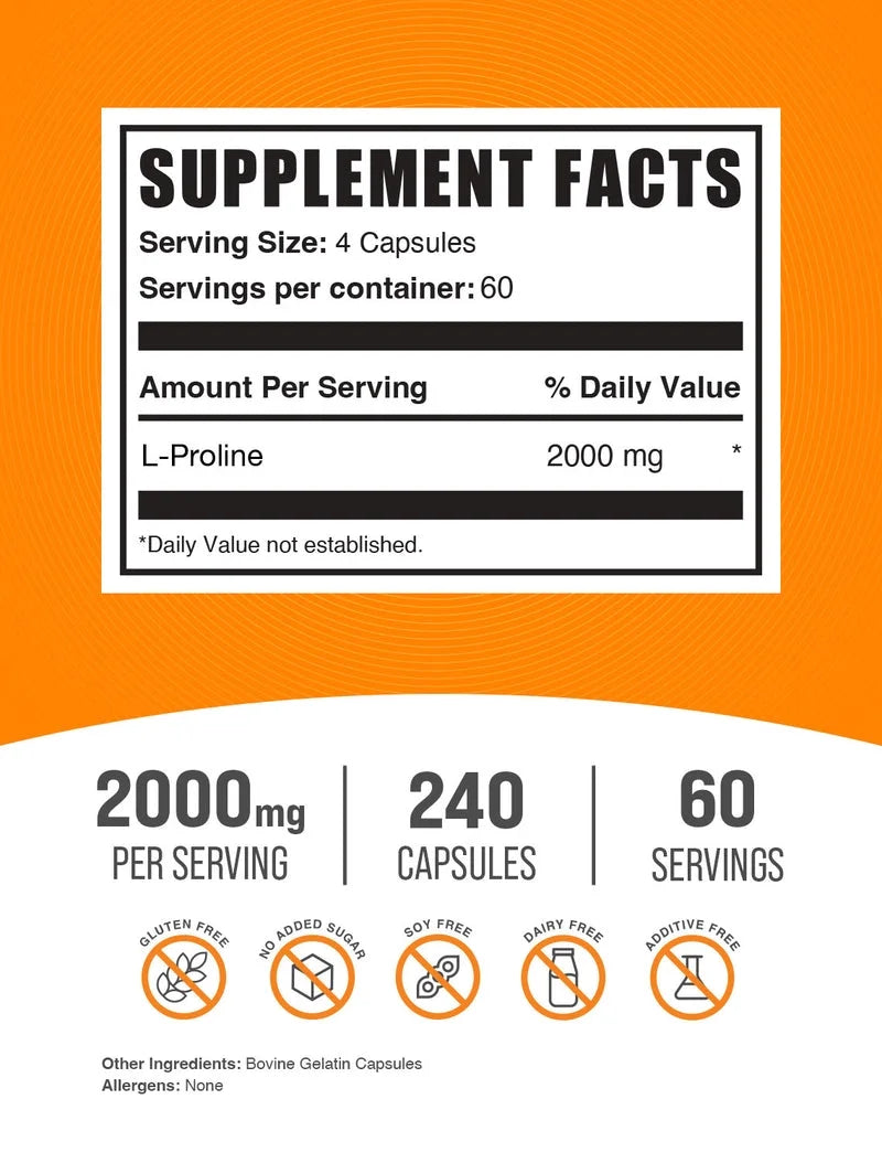 Bulksupplements L-Proline Capsules - Proline Supplement, Amino Acid Supplement - 4 Capsules per Serving (2000Mg), 240 Count